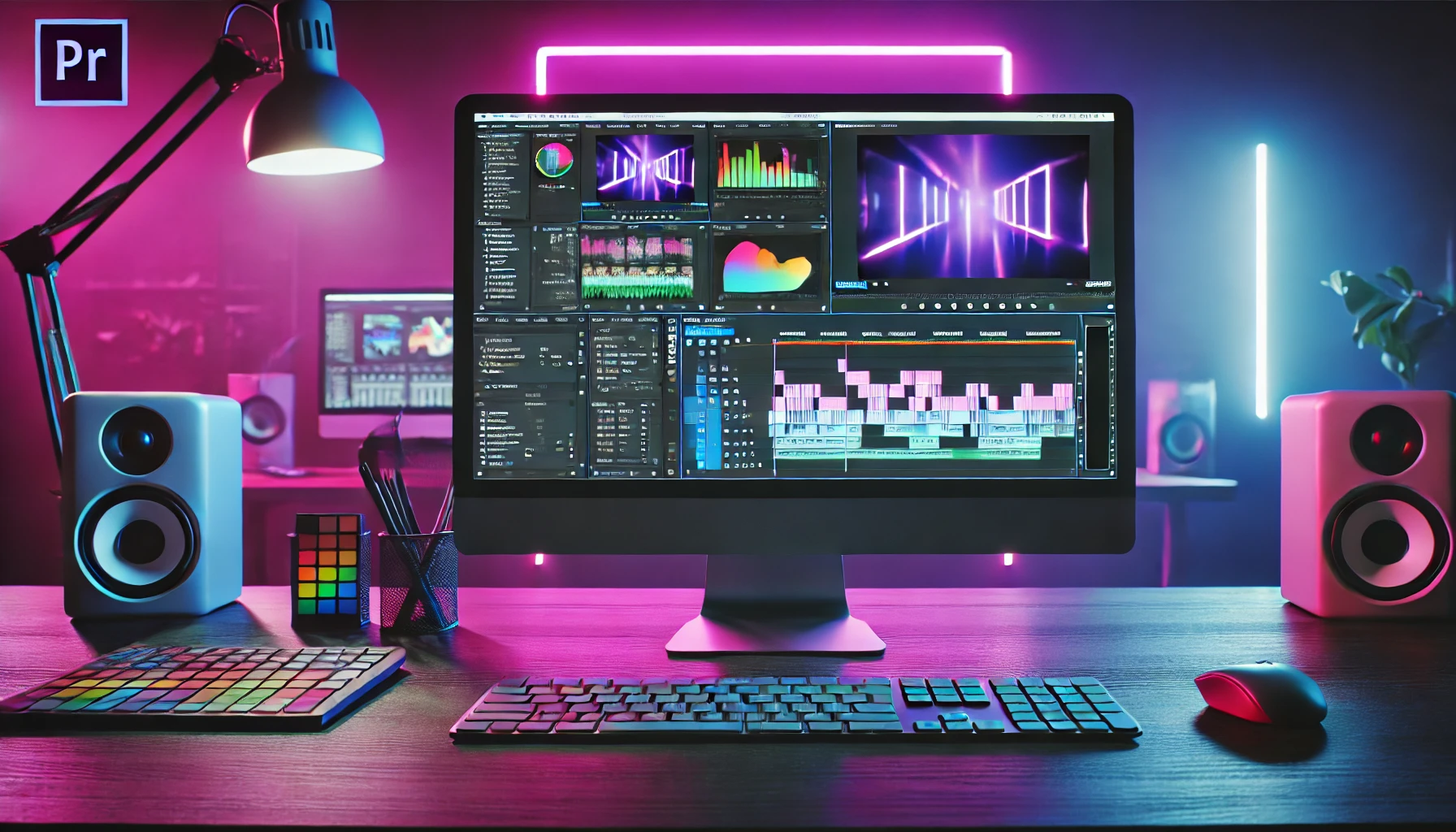 DALL·E 2024-11-06 14.41.36 – A realistic, widescreen 16_9 view of a computer monitor displaying video editing software similar to Adobe Premiere in a modern editing studio. The sc Outils de montage vidéo enseignés en alternance