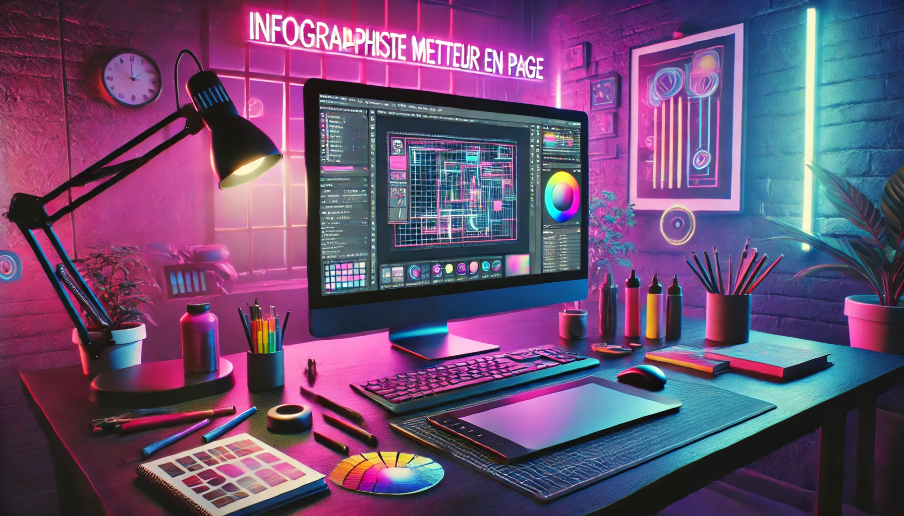 DALL·E 2024-11-07 15.42.23 – A vibrant, cinematic-style workspace setup representing a graphic design and desktop publishing environment similar to the IMEP (Infographiste Metteur Outils d'infographie enseignés en alternance